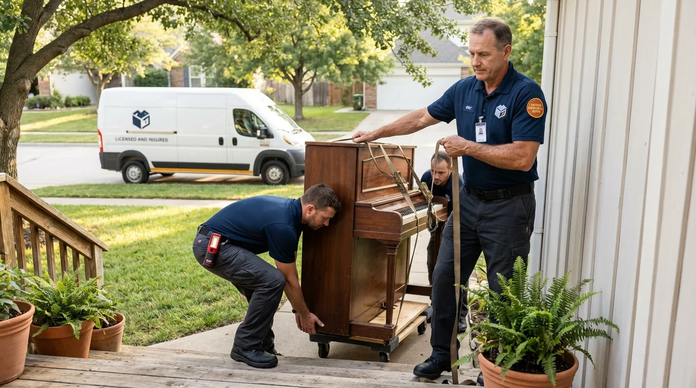 Licensed piano movers securing grand piano in Whiteville, TN