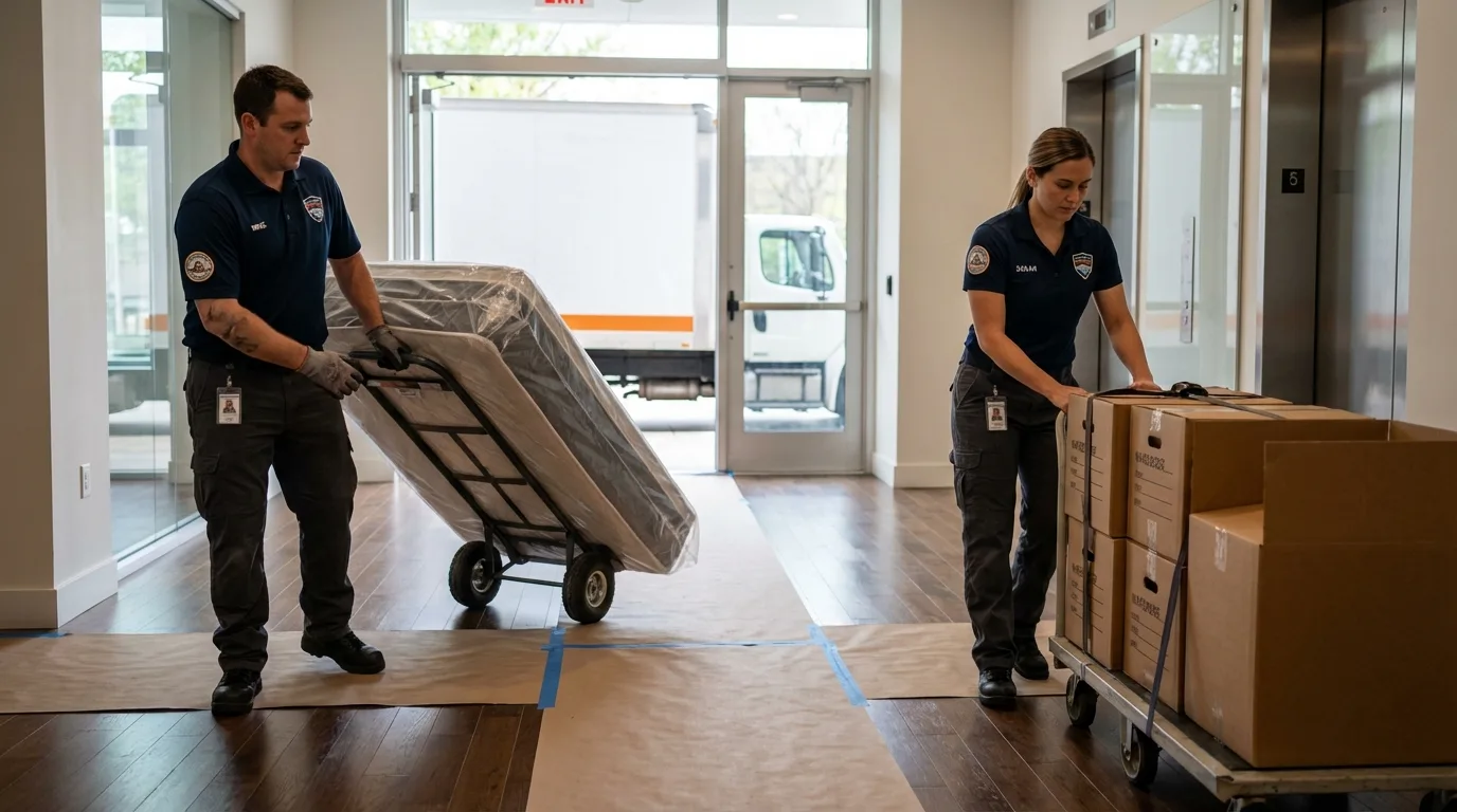 Professional apartment movers loading elevator in Whiteville, TN